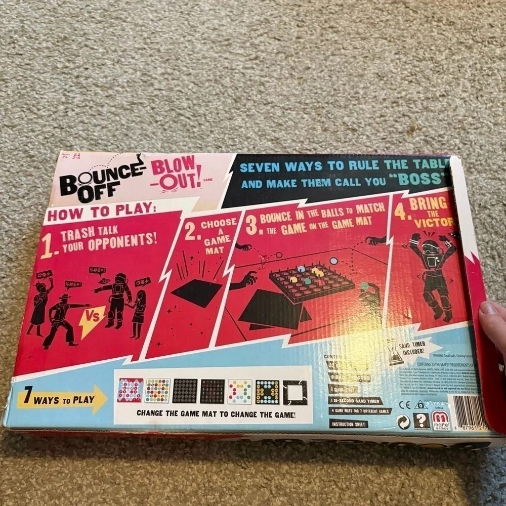 Bounce-off Blow Out! Complete set. 32 Balls, Sand timer, Tray, Game Mats